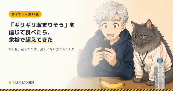 ホテルの部屋の机で、ボスがスマートフォンを両手で持ち、画面を見たまま目を丸くして口を開けている。こめかみに汗が一粒。シルバーグレーの髪に無精ひげ、ネイビーのパーカー。右隣ではトレーナー姿のミルさんが机の上に座り、黄金色の瞳で同じ画面をじっと見ている。白いジャージ姿で、首から銀のホイッスルを下げている。手前の机には皮つきのバナナが1本と、水のペットボトルが1本。背景は無地の淡いベージュの壁。「ダイエット 第12話 「ギリギリ収まりそう」を信じて食べたら、余裕で超えてきた 18日目。超えたのは、見ていない方からでした」