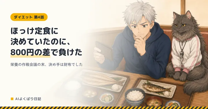 定食屋のテーブルに焼き魚の定食が2つ並び、スマホを見ながら手を口元に当てて悩んでいるボスと、隣に静かに座るミルさん。「ほっけ定食に決めていたのに、800円の差で負けた——栄養の作戦会議の末、決め手は財布でした」