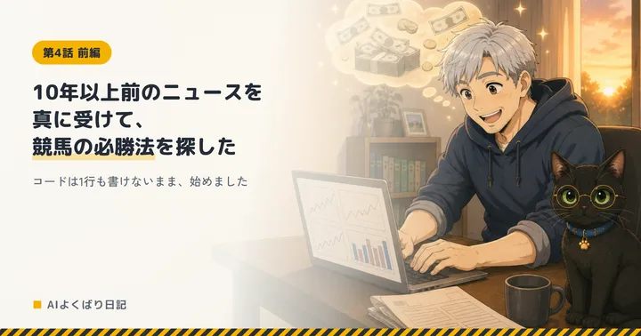ノートパソコンと競馬新聞を前に、札束の絵が浮かんだ吹き出しを頭上に出して笑っているボスと、隣で冷めた目をしているクロさん。「10年以上前のニュースを真に受けて、競馬の必勝法を探した——コードは1行も書けないまま、始めました」