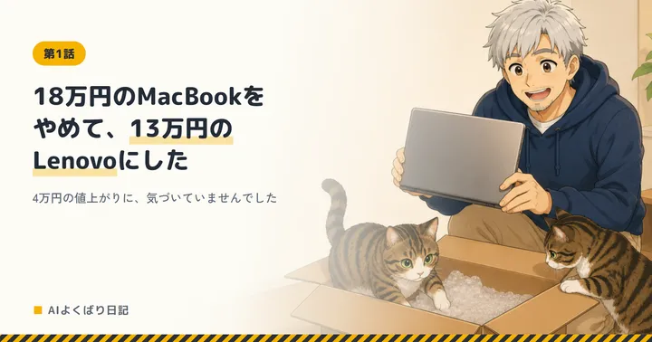 開けた段ボール箱の前で、届いたノートパソコンを持ち上げて笑っているボス。箱の中と横でジンとニックが緩衝材をのぞき込んでいる。「18万円のMacBookをやめて、13万円のLenovoにした——4万円の値上がりに、気づいていませんでした」