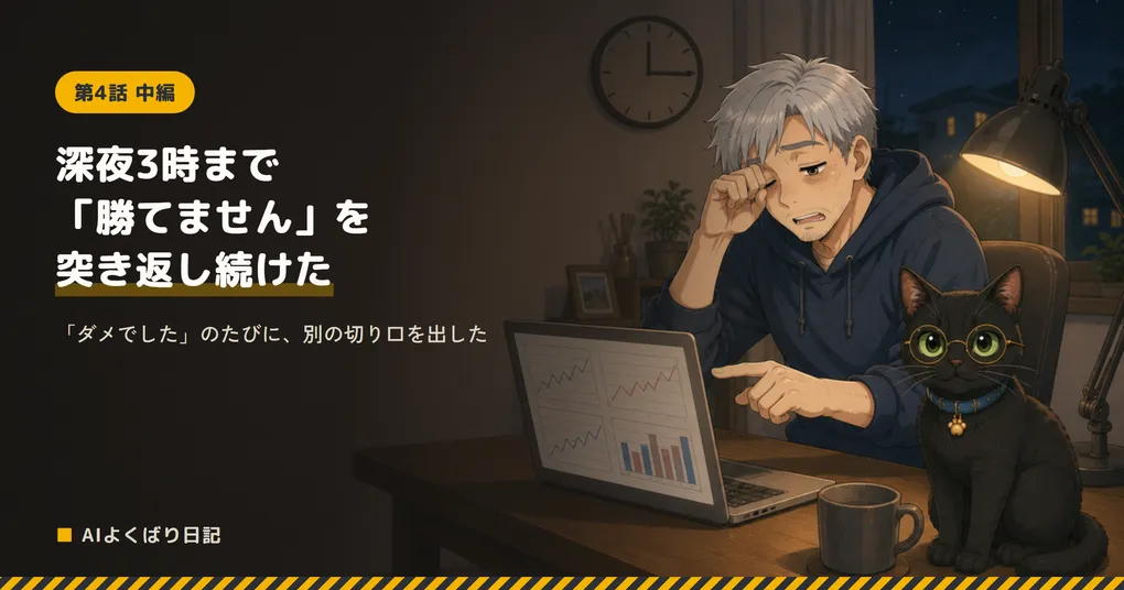 壁の時計が3時を指す暗い部屋で、目をこすりながらノートパソコンのグラフを指さしているボスと、隣で付き合っているクロさん。「深夜3時まで「勝てません」を突き返し続けた——「ダメでした」のたびに、別の切り口を出した」