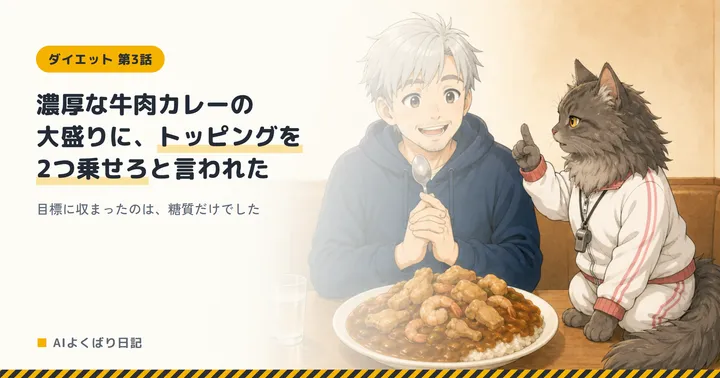 エビと鶏肉をトッピングした大盛りカレーを前に、スプーンを持って笑顔で手を合わせているボスと、隣で人差し指を立てて指示を出しているミルさん。「濃厚な牛肉カレーの大盛りに、トッピングを2つ乗せろと言われた——目標に収まったのは、糖質だけでした」