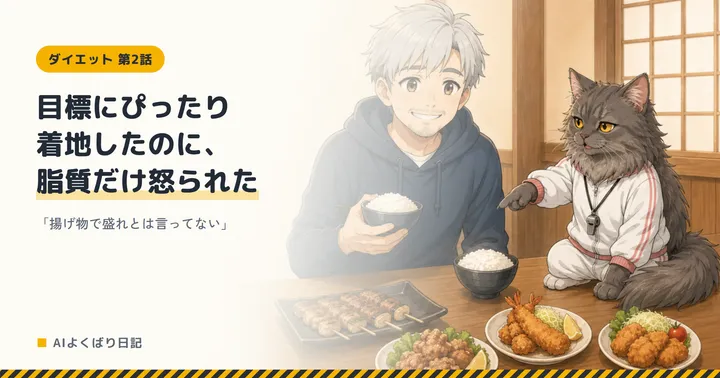 焼き鳥や揚げ物の皿が並ぶ座敷で、ご飯茶碗を持って得意げに笑っているボスと、横で皿を指さしてあきれた顔をしているミルさん。「目標にぴったり着地したのに、脂質だけ怒られた——「揚げ物で盛れとは言ってない」」