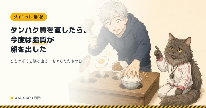 もぐらたたきの台に向かうボス。ごはん茶碗の出た穴を手で押さえた途端、隣の穴から焼き魚・目玉焼き・カレーが飛び出してきて驚いている。横でトレーナー姿のミルさんが、飛び出したほうを指し示している。「タンパク質を直したら、今度は脂質が顔を出した——ひとつ叩くと隣が出る、もぐらたたきの日」