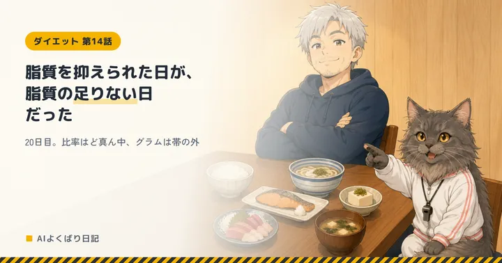 木目の壁の部屋で、食卓に向かって座るボスとミルさん。ボスはシルバーグレーの髪に無精ひげ、ネイビーのパーカーで腕を組み、口を閉じたまま満足そうに微笑んでいる。テーブルには白いごはんの茶碗、ねぎののったうどんの丼、焼き鮭の切り身と大根おろしがのった角皿、赤身と白身の刺身に大根のつまを添えた皿、ねぎをのせた冷やっこ、豆腐とわかめの味噌汁が並び、揚げ物は一つもない。右側では長毛のグレーの猫のミルさんが椅子に座り、白いジャージにピンクのライン、首から黒いホイッスルを下げて、右前足を上げて左斜め上のボスを指しながら口を開けている。黄金色の瞳。「ダイエット 第14話 脂質を抑えられた日が、脂質の足りない日だった 20日目。比率はど真ん中、グラムは帯の外 AIよくばり日記」