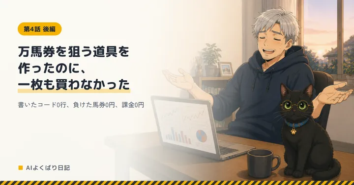 朝日の差す部屋で、グラフが並んだノートパソコンを前に両手を広げ、目を閉じて笑っているボスと、隣に座るクロさん。「万馬券を狙う道具を作ったのに、一枚も買わなかった——書いたコード0行、負けた馬券0円、課金0円」