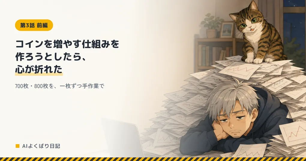 折れ線グラフを印刷した紙が山積みになった部屋で、机に突っ伏して疲れ切った顔をしているボス。紙の山の上にジンが座って見下ろしている。「コインを増やす仕組みを作ろうとしたら、心が折れた——700枚・800枚を、一枚ずつ手作業で」