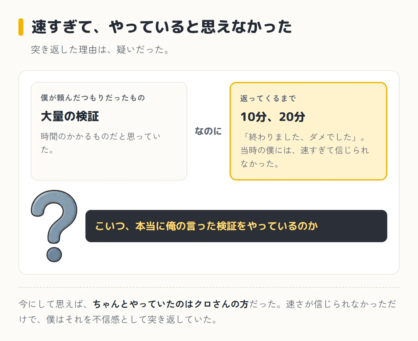 「僕が頼んだつもりだったもの＝大量の検証」に対して、返ってくるまで10分、20分で「終わりました、ダメでした」だったという食い違いを並べ、「こいつ、本当に俺の言った検証をやっているのか」という当時の疑いを添えた図