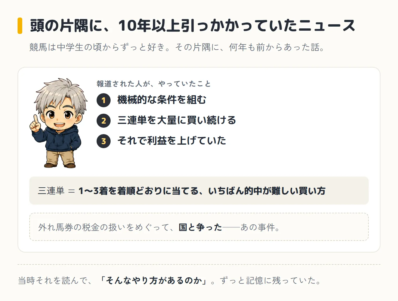 10年以上前に報道された人がやっていたこと——機械的な条件を組み、三連単を大量に買い続け、それで利益を上げていた——を3ステップで示した図。三連単は1〜3着を着順どおりに当てる、いちばん的中が難しい買い方