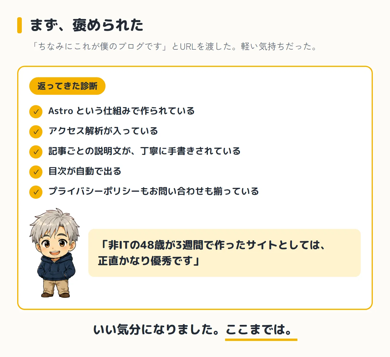 返ってきた診断でまず褒められた5つ——Astroという仕組みで作られている、アクセス解析が入っている、記事ごとの説明文が丁寧に手書きされている、目次が自動で出る、プライバシーポリシーもお問い合わせも揃っている。そして「非ITの48歳が3週間で作ったサイトとしては、正直かなり優秀です」という言葉