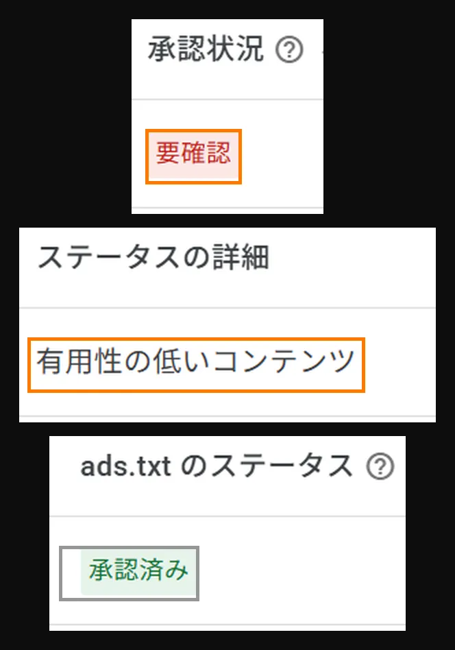 アドセンスの管理画面「サイトの管理」の表を、列ごとに3つに切り出して縦に並べたもの。1つ目は「承認状況」の列で、赤い文字の「要確認」がオレンジの枠で囲んである。2つ目は「ステータスの詳細」の列で、「有用性の低いコンテンツ」がオレンジの枠で囲んである。3つ目は「ads.txt のステータス」の列で、緑の文字の「承認済み」が灰色の枠で囲んである