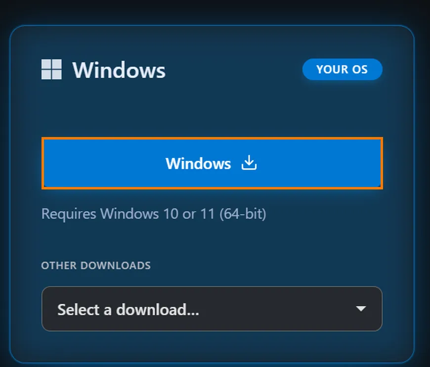 ダウンロードページのWindowsの箱だけを拡大したもの。「Windows」の見出しの右に「YOUR OS」という青い印があり、その下の大きな青い「Windows」ボタンがオレンジ色の枠で囲まれている。さらに下に「Requires Windows 10 or 11 (64-bit)」と「OTHER DOWNLOADS」の選択欄