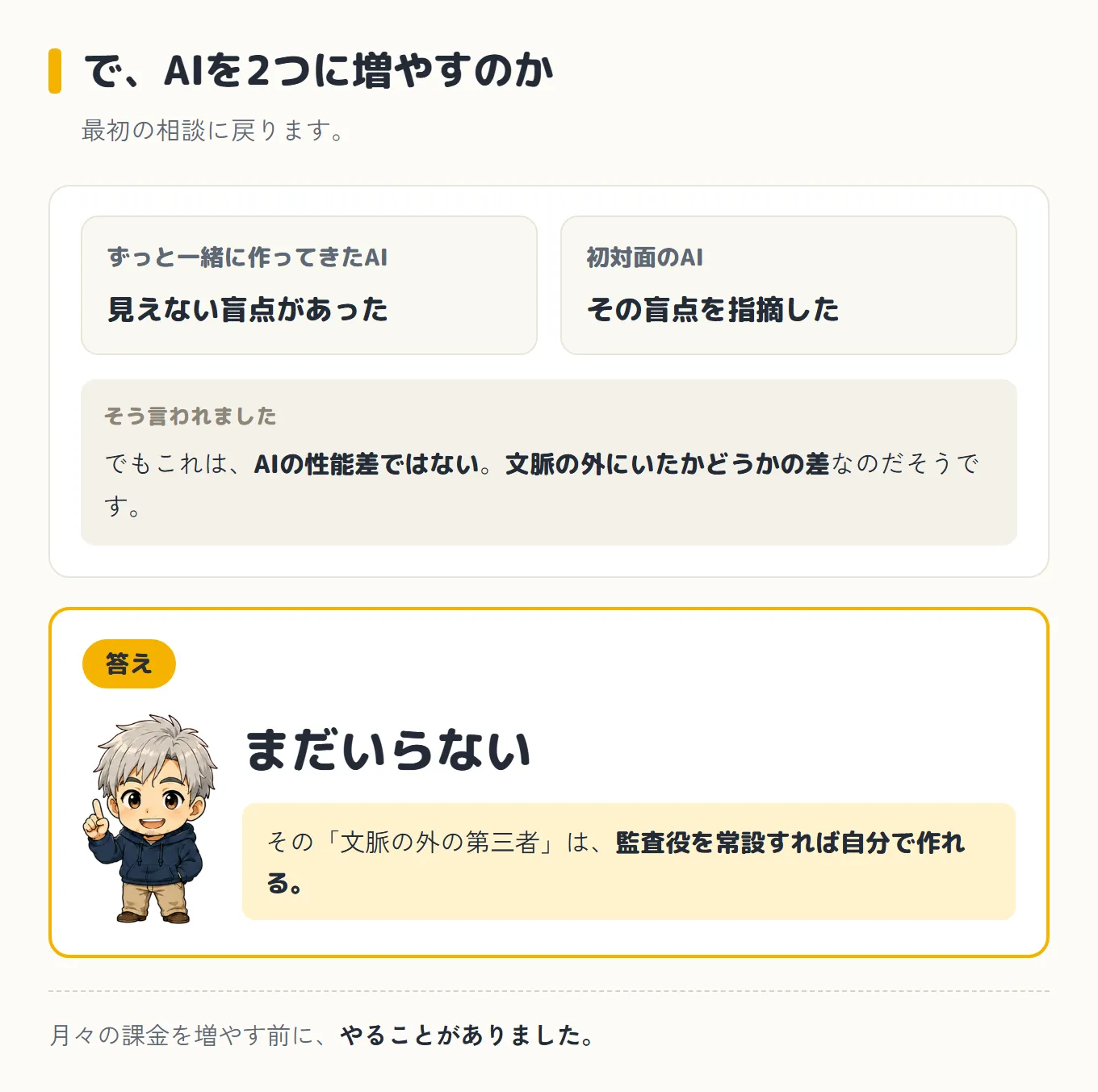 で、AIを2つに増やすのか。ずっと一緒に作ってきたAIには見えない盲点があり、初対面のAIがその盲点を指摘した。でもAIの性能差ではなく、文脈の外にいたかどうかの差だと言われた。答えは「まだいらない」——文脈の外の第三者は、監査役を常設すれば自分で作れる、という図