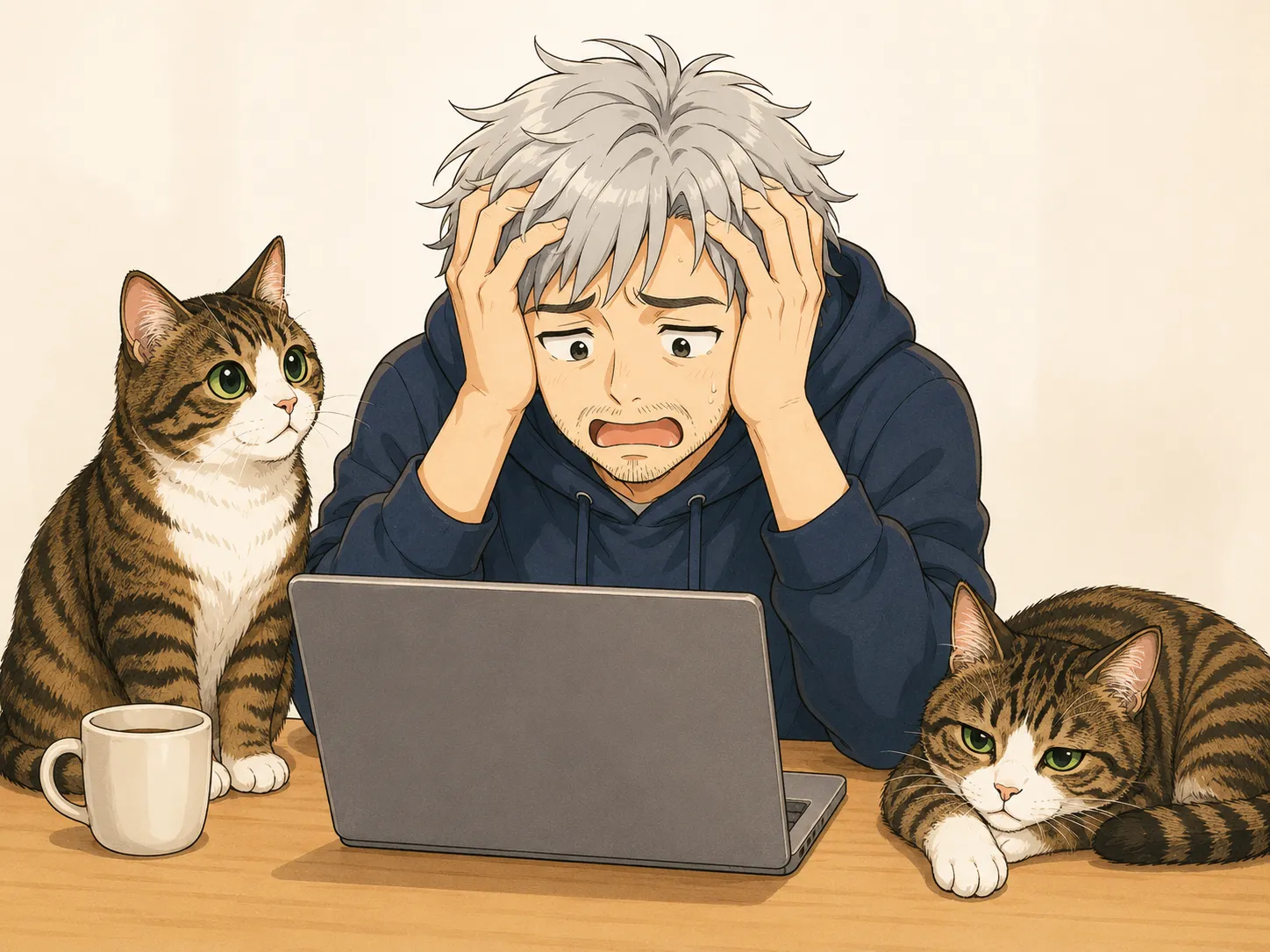ノートパソコンの前で両手で頭を抱え、困り果てた顔をしているボス。その両脇で、向かって左のニックは机の上でおすわりしてこちらを見ており、向かって右のジンは寝転んで落ち着いている。ボスだけが困っている