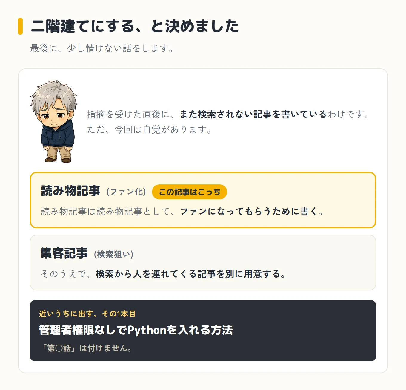 二階建てにすると決めた図。読み物記事(ファン化)はファンになってもらうために書き、この記事もそれ。そのうえで集客記事(検索狙い)として検索から人を連れてくる記事を別に用意する。近いうちに出す1本目は「管理者権限なしでPythonを入れる方法」で、「第○話」は付けない