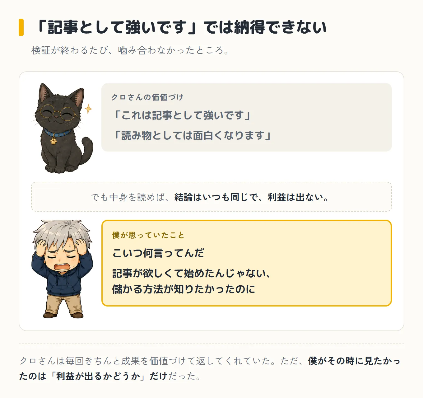 クロさんの「これは記事として強いです」「読み物としては面白くなります」という価値づけと、「こいつ何言ってんだ、儲かる方法が知りたかったのに」という僕の本音がすれ違っていたことを並べた図