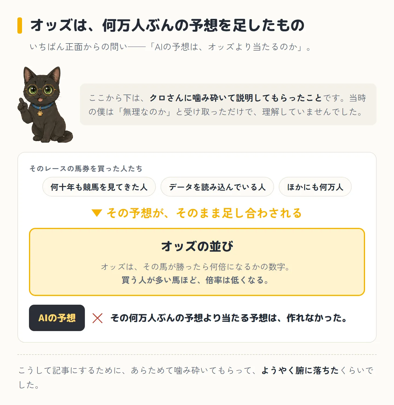 オッズは、そのレースの馬券を買った何万人もの予想をそのまま足し合わせたものだというクロさんの説明を図にしたもの。AIの予想は、その何万人ぶんより当たる予想を作れなかった