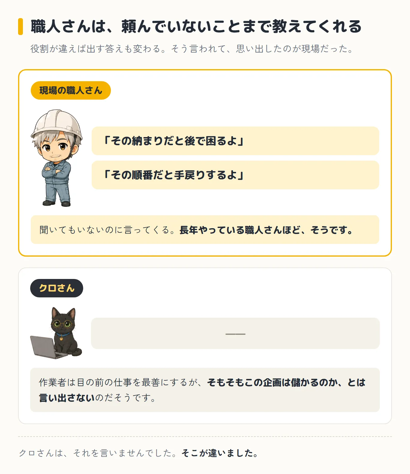 現場の職人さんは「その納まりだと後で困るよ」「その順番だと手戻りするよ」と聞いてもいないのに言ってくる。一方クロさんは何も言わず、作業者は目の前の仕事を最善にするが「そもそもこの企画は儲かるのか」とは言い出さない、という対比図