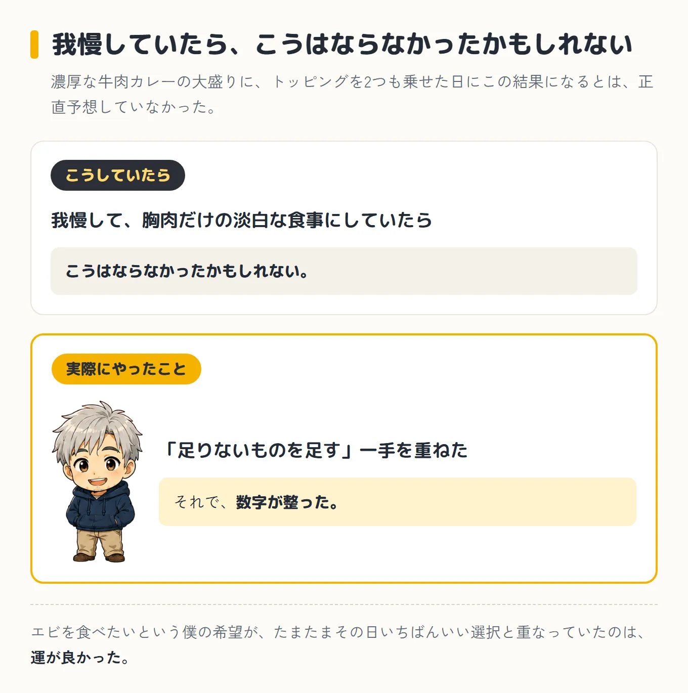 我慢して胸肉だけの淡白な食事にしていたらこうはならなかったかもしれない、実際にやったのは「足りないものを足す」一手を重ねることで、それで数字が整った、と対比した図