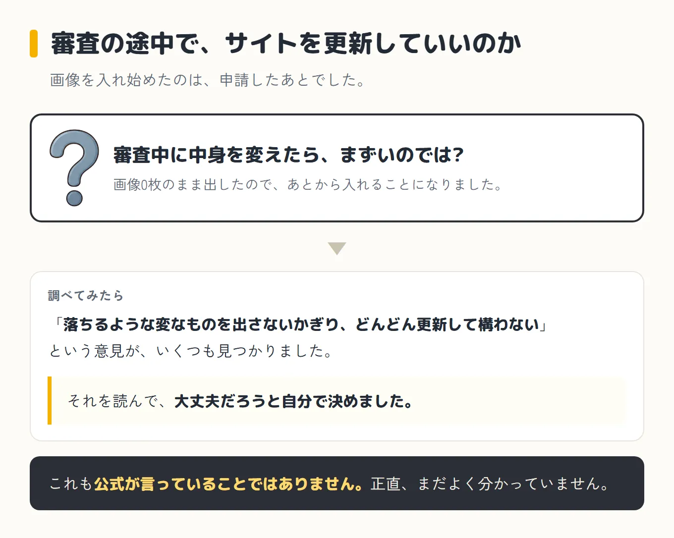 審査中にサイトを更新していいのかを整理した図。上に大きなはてなマークと「審査中に中身を変えたら、まずいのでは?」という疑問。画像0枚のまま出したので、あとから入れることになった。下に「調べてみたら」として、落ちるような変なものを出さないかぎりどんどん更新して構わない、という意見がいくつも見つかったこと、それを読んで大丈夫だろうと自分で決めたことが書かれている。いちばん下に、これも公式が言っていることではなく正直まだよく分かっていない、と添えてある