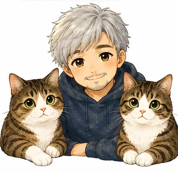 ボスと、飼い猫のジンとニックのイラスト