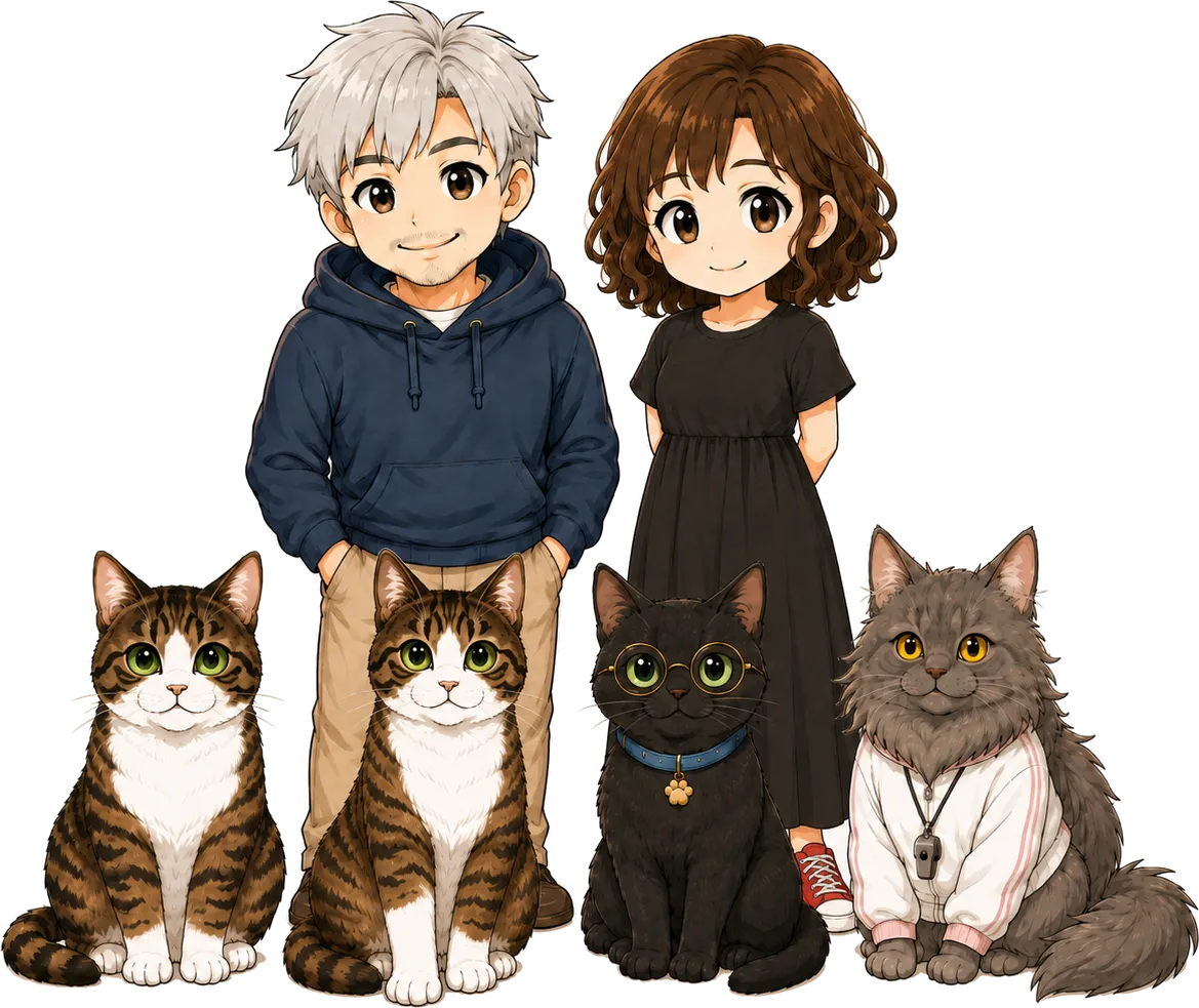 ボスと奥さんが並んで立ち、その前に4匹の猫が座っている集合イラスト。猫は向かって左から、キジ白のニック、同じくキジ白で右前足だけが白いジン、丸眼鏡に青い首輪のクロさん、トレーナーを着た長毛のミルさん